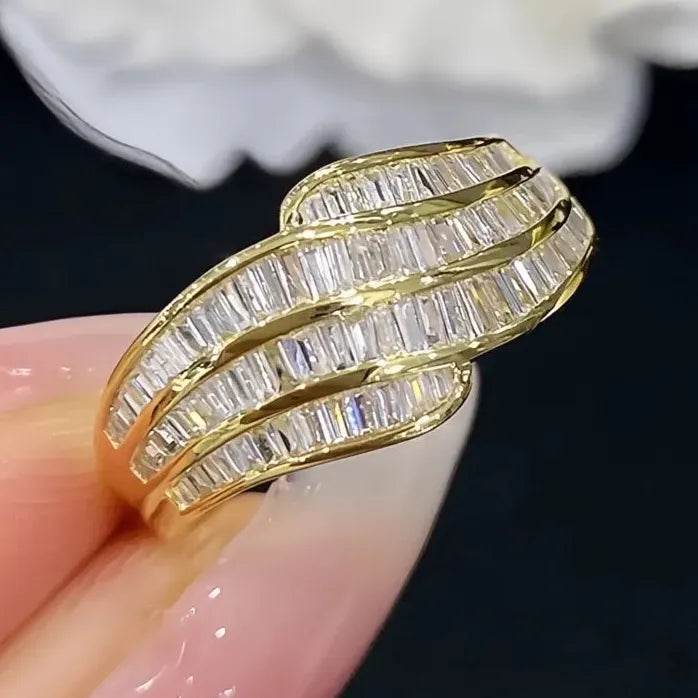 Geometric Gold Silver Wedding Band Ring for Women with Zirconia Jewelry