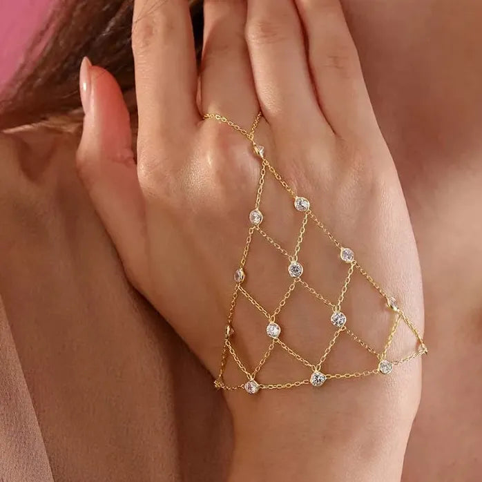 Bohemian Gold Mesh Hand Chain Bracelet Ring for Women Copper Rhinestone Bridal Gift
