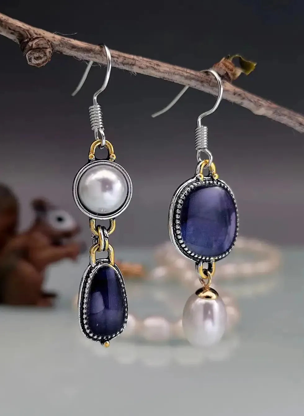 Vintage Asymmetrical Imitation Pearl Drop Earrings Dark Blue Flower Metal Jewelry