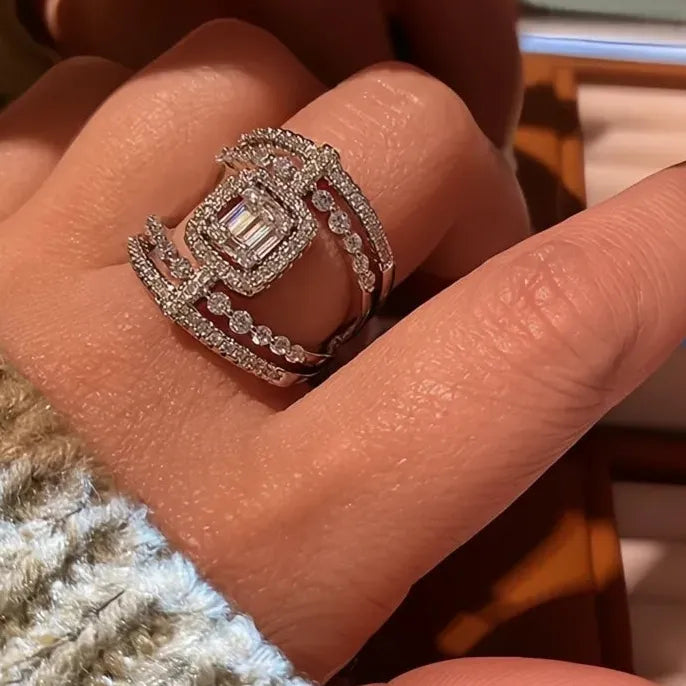 Brass Geometric Cubic Zirconia Wedding Cocktail Ring for Women