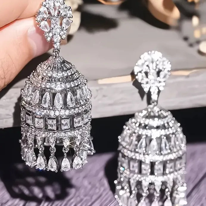 Geometric Silver Drop Earrings with Cubic Zirconia for Women Party Jewelry