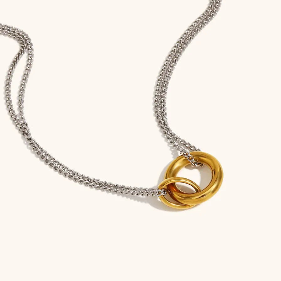 Retro Two-Tone 18K Gold Plated Circle Pendant Necklace for Women Waterproof Gift