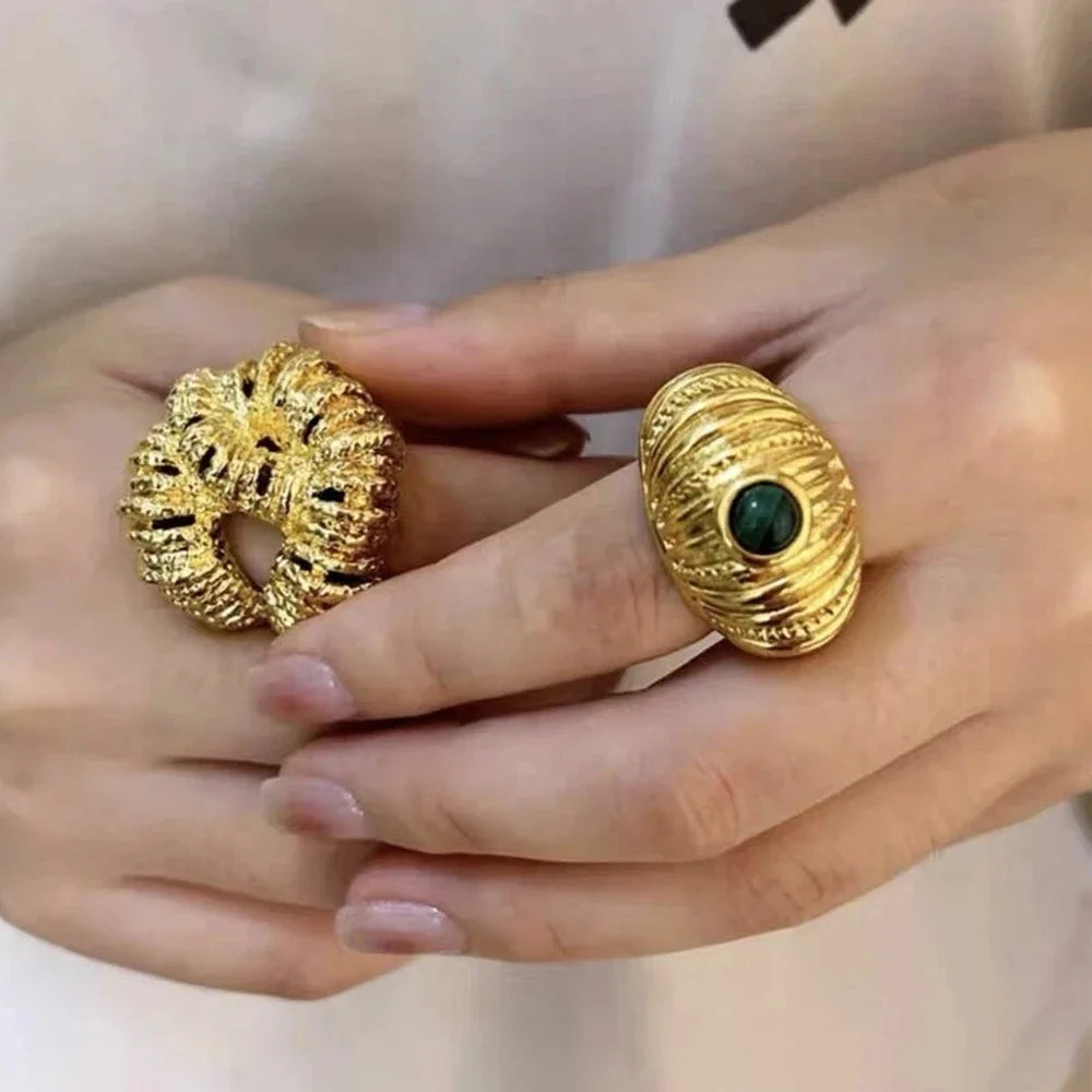 Retro Chunky Dome Ring for Women Green Natural Stone Lava Texture Stainless Steel Punk Jewelry