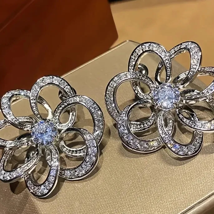 Women's Hollow Flower Brass Alloy CZ Drop Earrings Luxury Wedding Jewelry