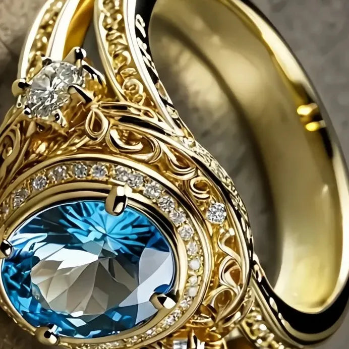 Gold Cocktail Ring with Blue Cubic Zirconia Inlay for Women’s Parties