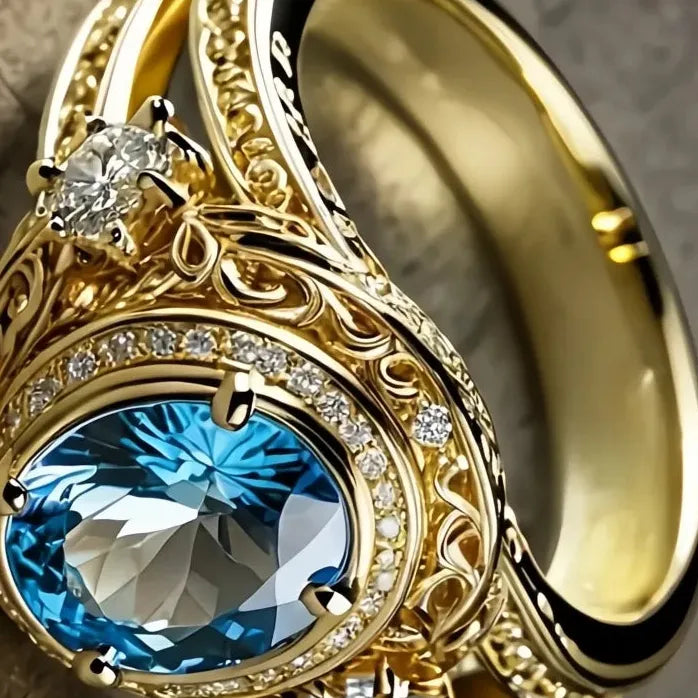Women’s Gold Color Wedding Band with Oval Blue Cubic Zirconia Ring
