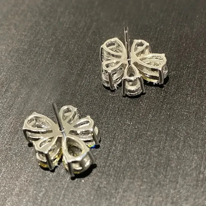 Flower Stud Earrings with Yellow & White Cubic Zirconia Brass Gift for Women