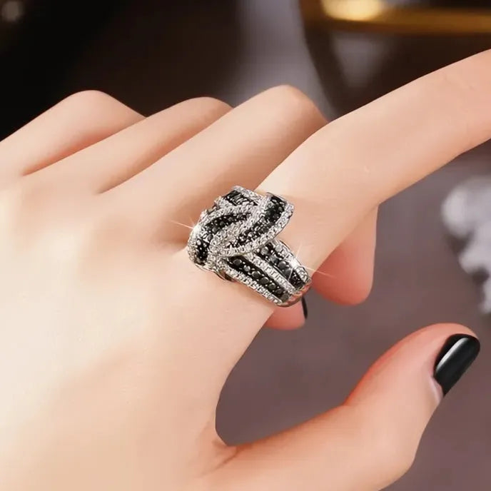 Vintage Black Enamel Brass Ring with White Cubic Zirconia, Women’s Party Jewelry