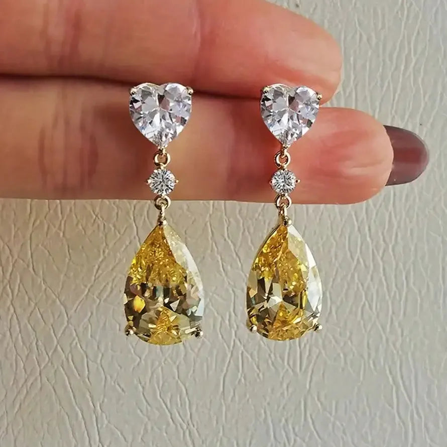 Yellow Cubic Zirconia Water Drop Pendant Earrings for Women Wedding Jewelry Copper
