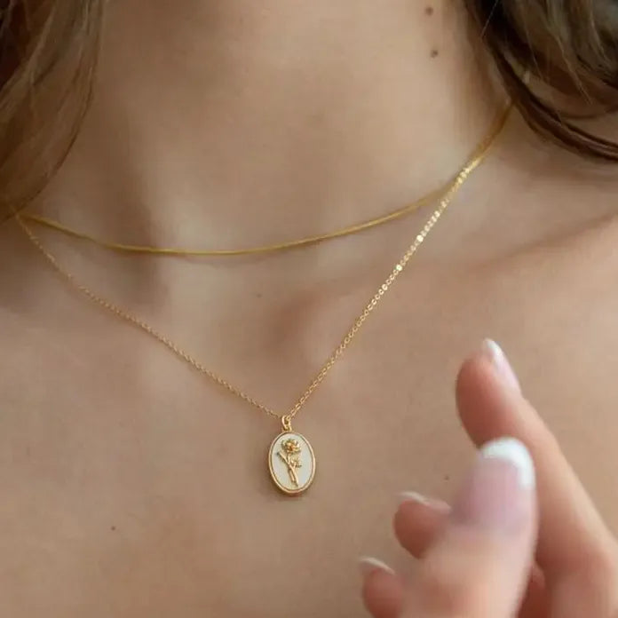 12 Month Birthday Flower Pendant Necklace Stainless Steel White Shell Choker Jewelry