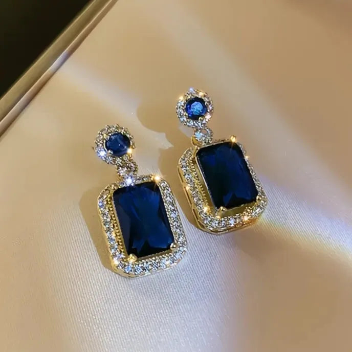 Full Bling Iced Out Blue Green Cubic Zirconia Geometric Drop Earrings for Women Wedding Party Jewelry Copper Alloy