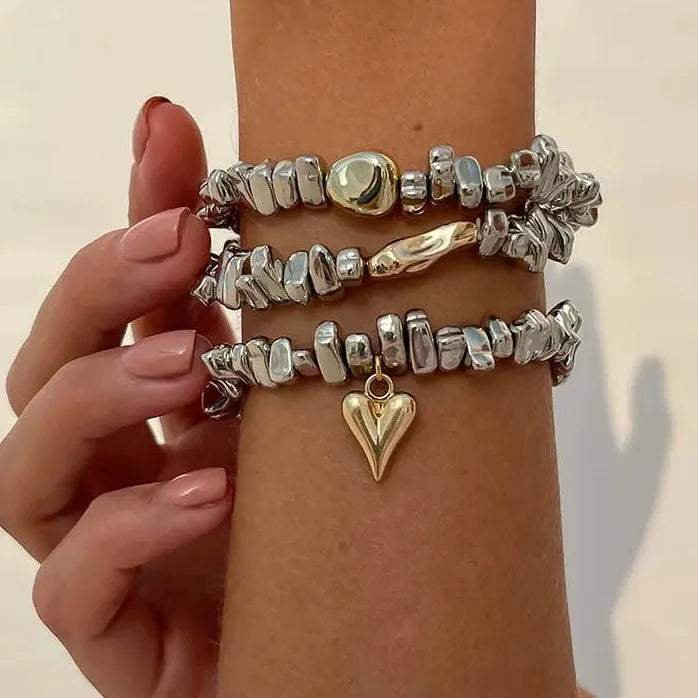 Vintage Heart Shaped Geometric Silver Bead Stretch Bracelet for Women Gift