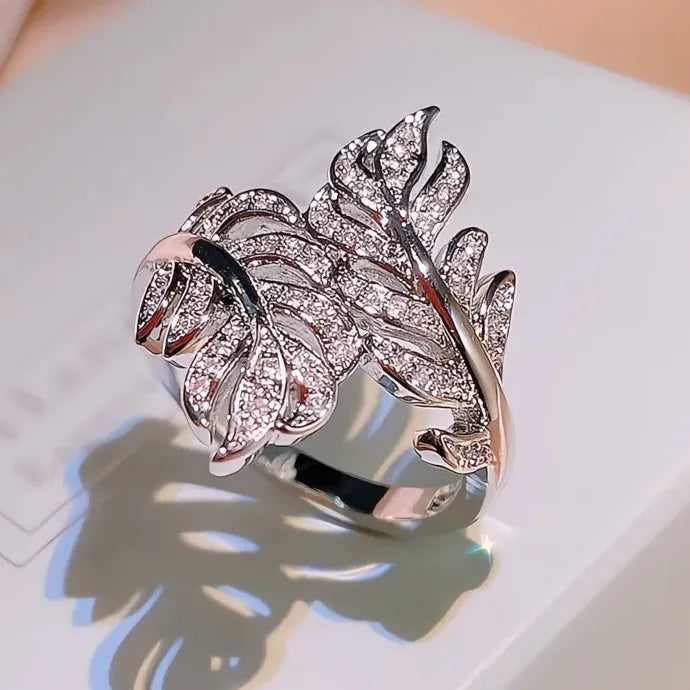 Silver Plated Leaves Ring with Crystal Cubic Zirconia Wedding Band for Women