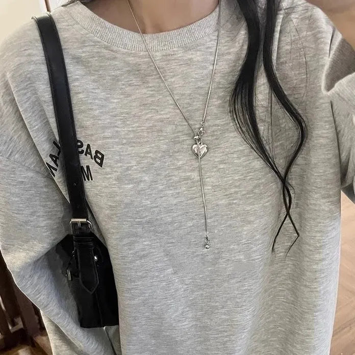 Stainless Steel Heart Pendant Necklace with Round Ball Sweater Chain for Women