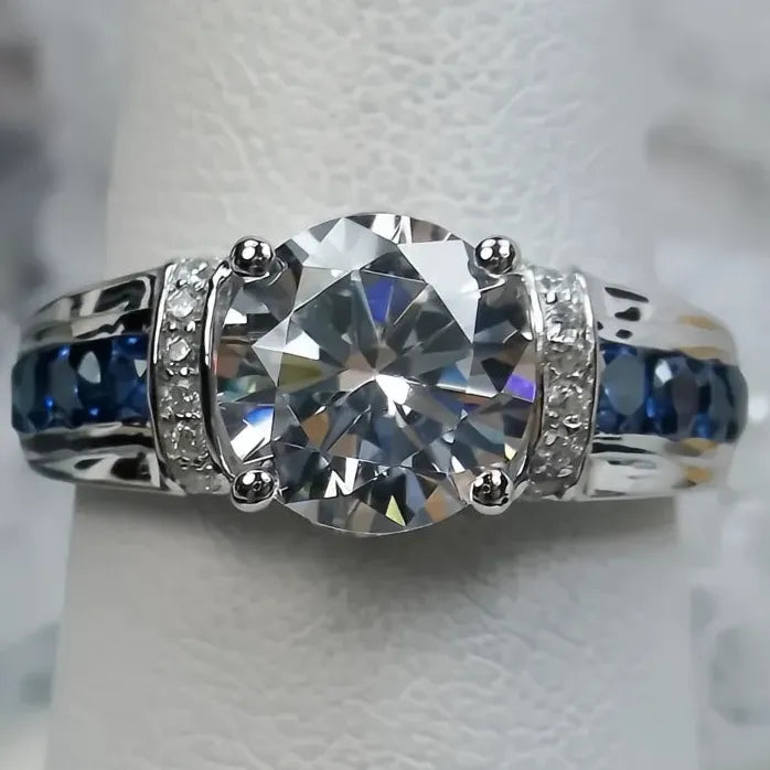 Elegant Brass Blue White CZ Geometric Wedding Band Ring for Women Gift