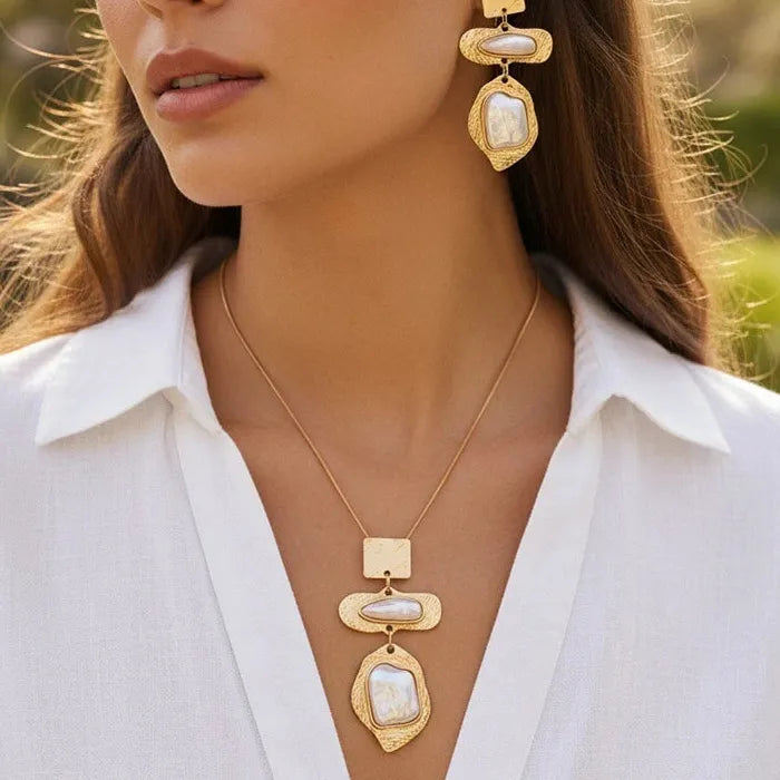 Baroque Pearl Drop Earrings & Necklace Set Zinc Alloy Retro Jewelry