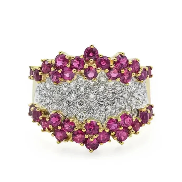 Gold Brass Cocktail Ring for Women with White & Red Cubic Zirconia Jewelry
