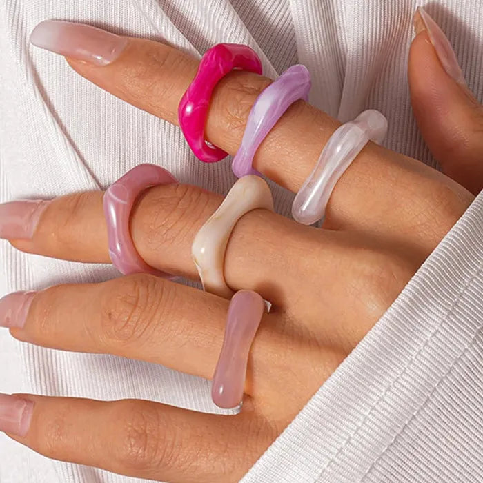 5Pcs Women’s Colourful Geometric Plastic Rings Vintage Simple Gift Set 2025 Mood Tracker