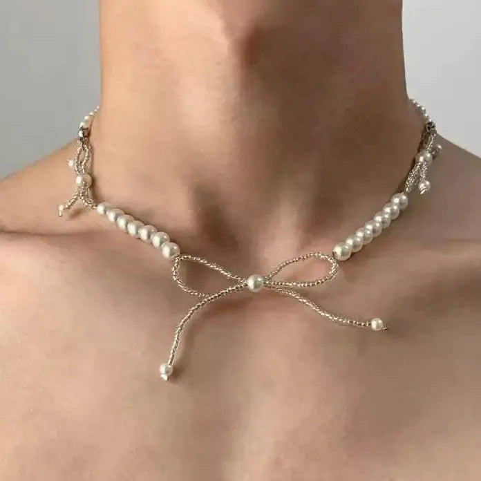 Crystal Imitation Pearl Beaded Bow Knot Collarbone Necklace for Women Girls
