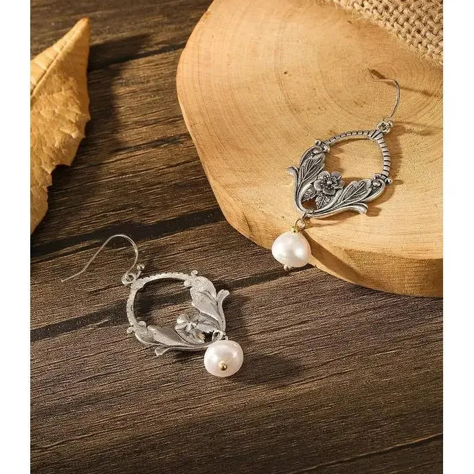 Bohemian Silver Metal Carving Plant Pattern Pearl Drop Earrings for Women