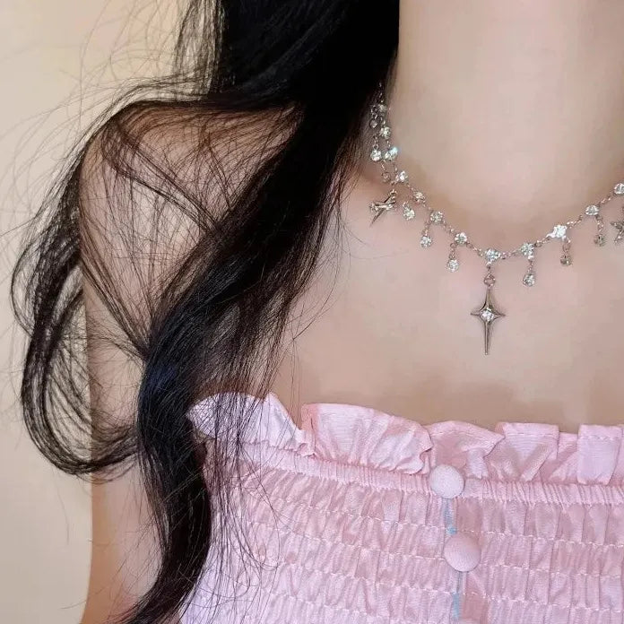 Star Tassel Crystal Zircon Pendant Necklace for Women Girls Zinc Alloy Chain
