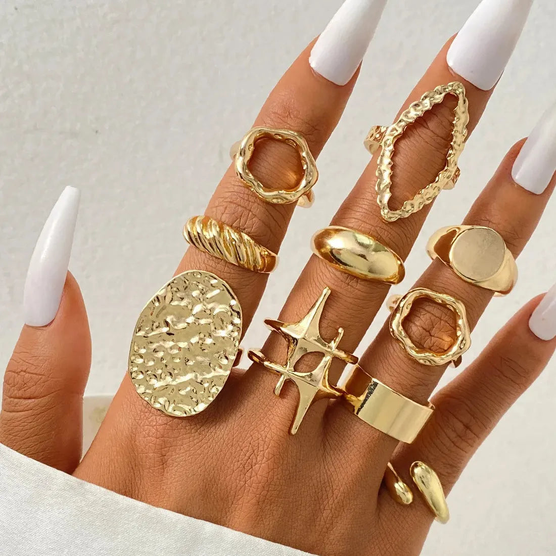 10Pcs Vintage Punk Gold Metal Star Open Rings for Women Party Jewelry Gift