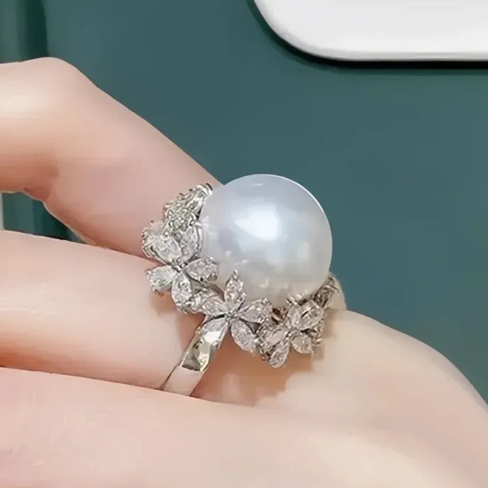 Women’s Brass Cocktail Ring with Imitation Pearl CZ Flower Geometric Design