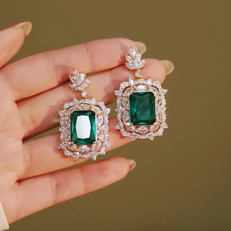 Green Cubic Zirconia Geometric Drop Earrings Luxury Wedding Jewelry for Women