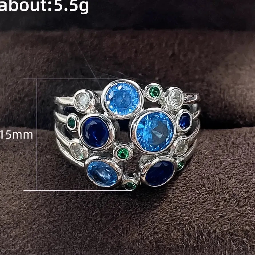 Colorful Wide Band Women’s Ring with Blue, Green & White CZ Gems