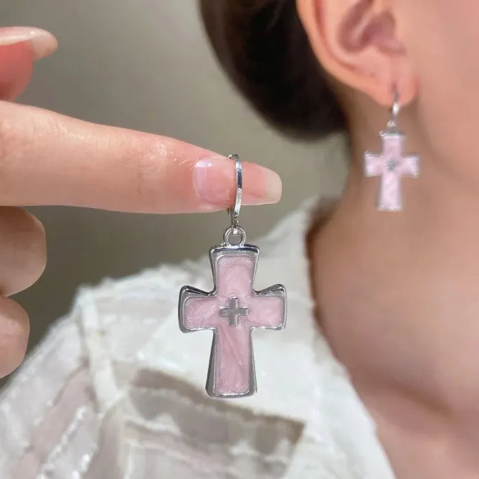 Vintage Punk Zinc Alloy Pink Crystal Cross Hoop Earrings Y2K Party