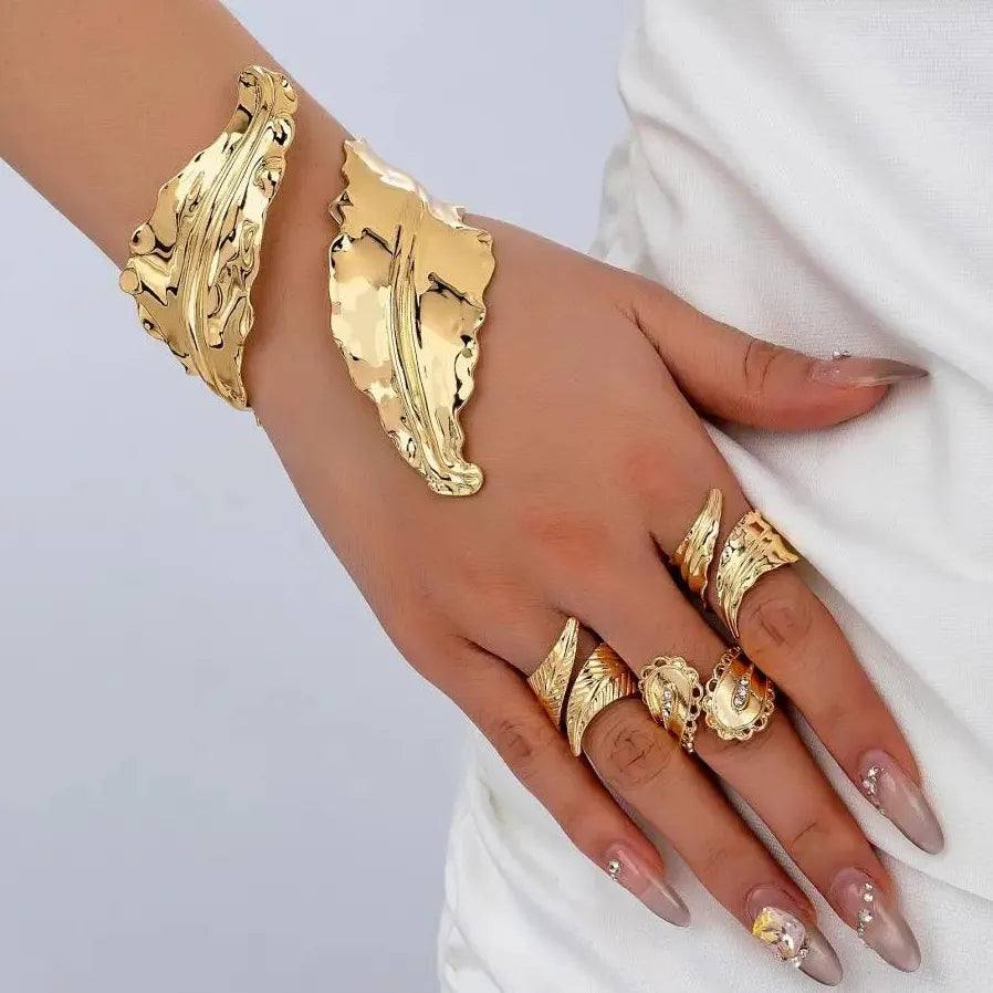 2PCS Vintage Leaf Bracelet & Adjustable Ring Set for Women Jewelry Gift