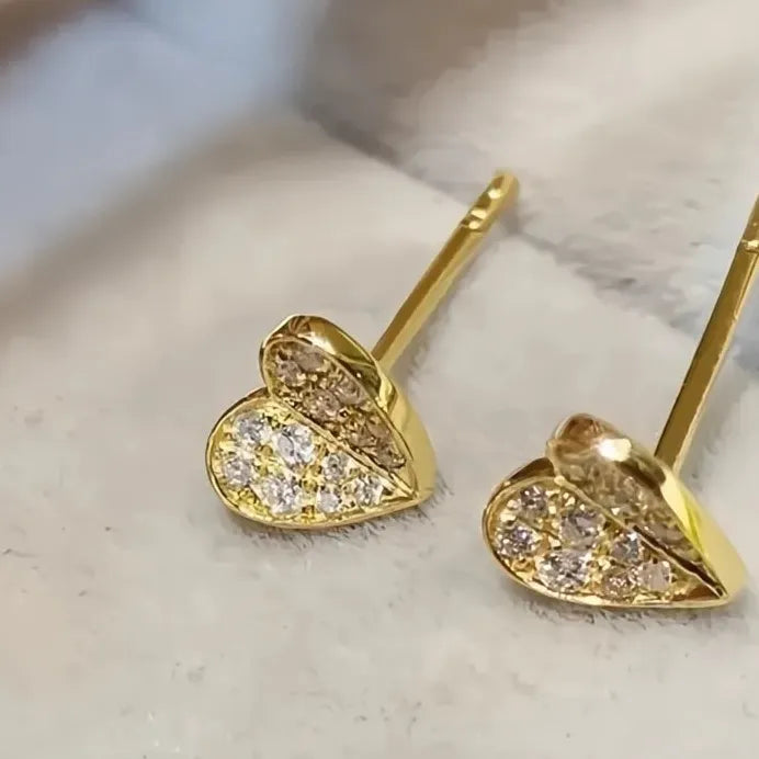 Heart Shaped Gold Color CZ Stud Earrings Romantic Wedding Jewelry