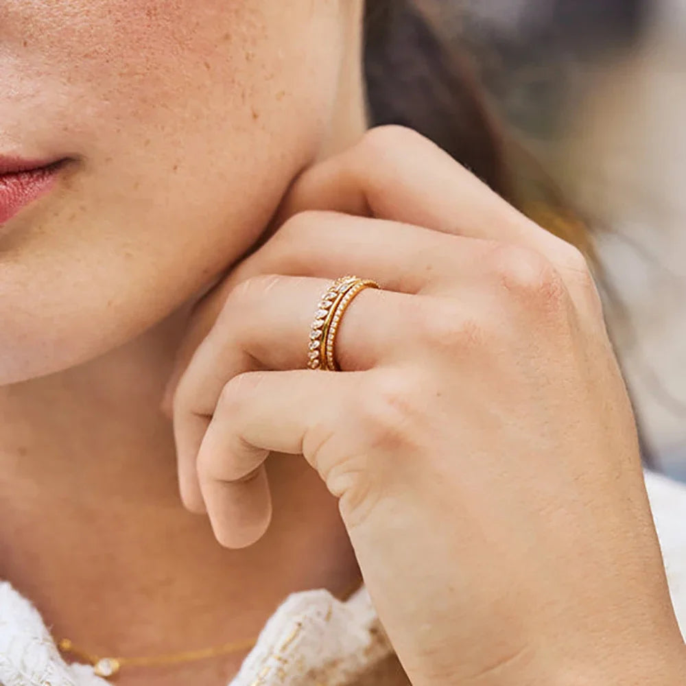 3Pcs Thin Round Stainless Steel Rings 18K Gold Plated CZ Zircon Wedding Jewelry for Women