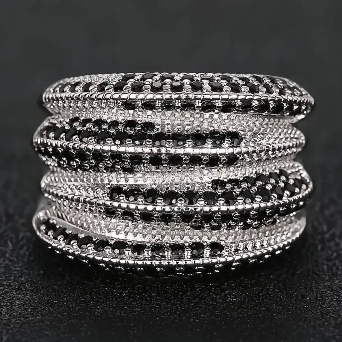 Hiphop Women’s Cocktail Ring Silver Color Brass Black Sparkling Cubic Zirconia Party Jewelry