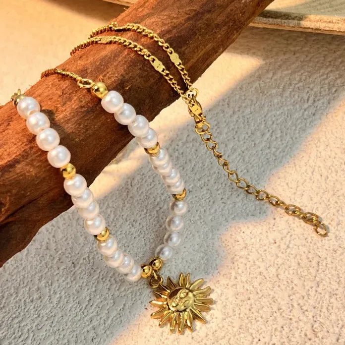 Stainless Steel Pearl Sun Shell Turtle Pendant Necklace Mini Choker Jewelry