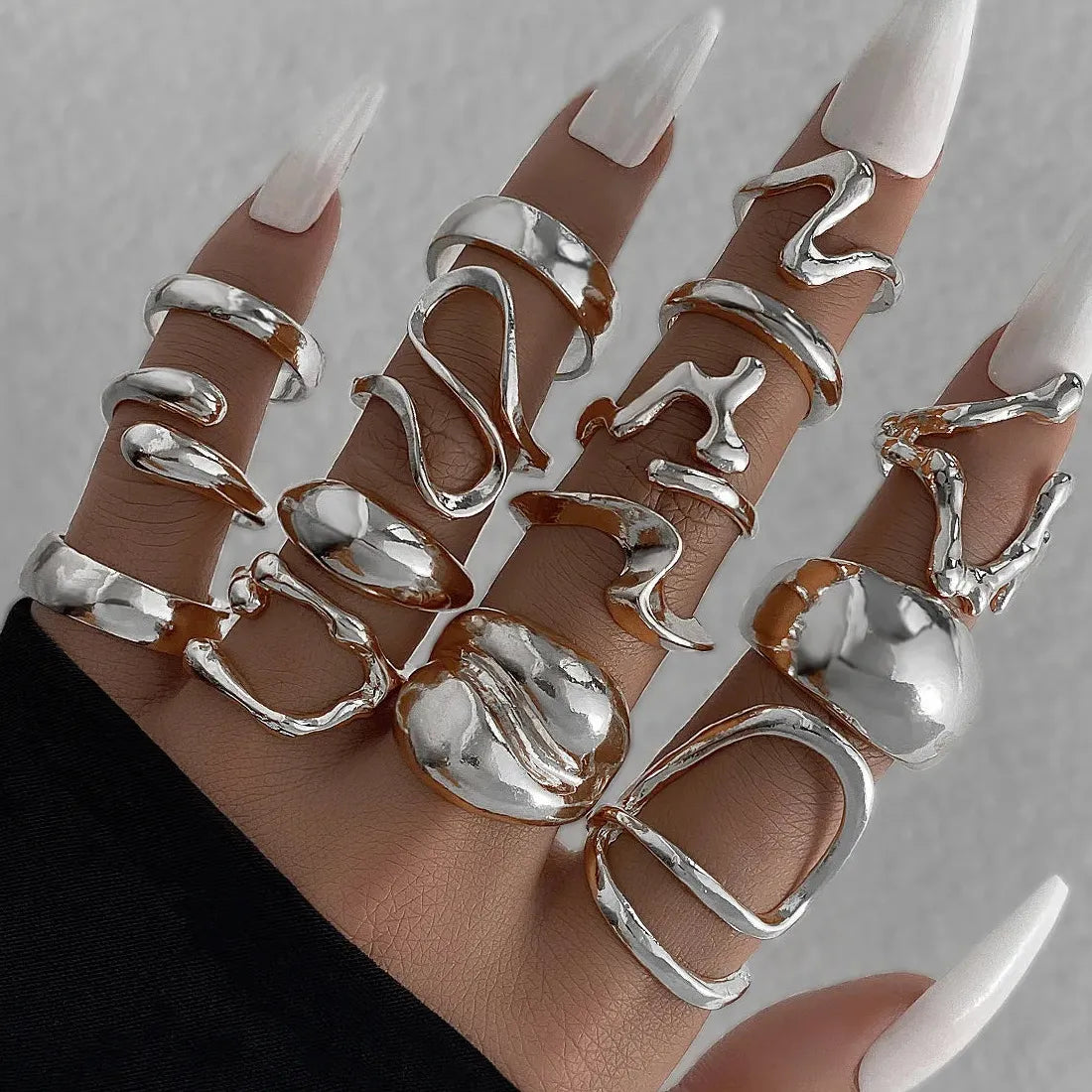 15Pcs Metal Water Droplet Rings Punk Retro Boho Jewelry Gift Set