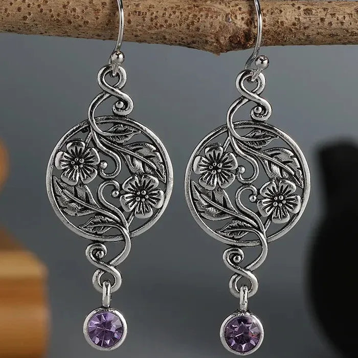 Vintage Purple Amethyst Hollow Round Leaves Dangle Earrings Zinc Alloy Boho Jewelry