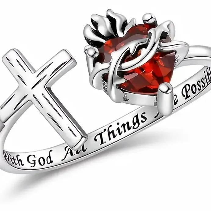Adjustable Women’s Silver Cross Ring with Red Heart CZ Stone