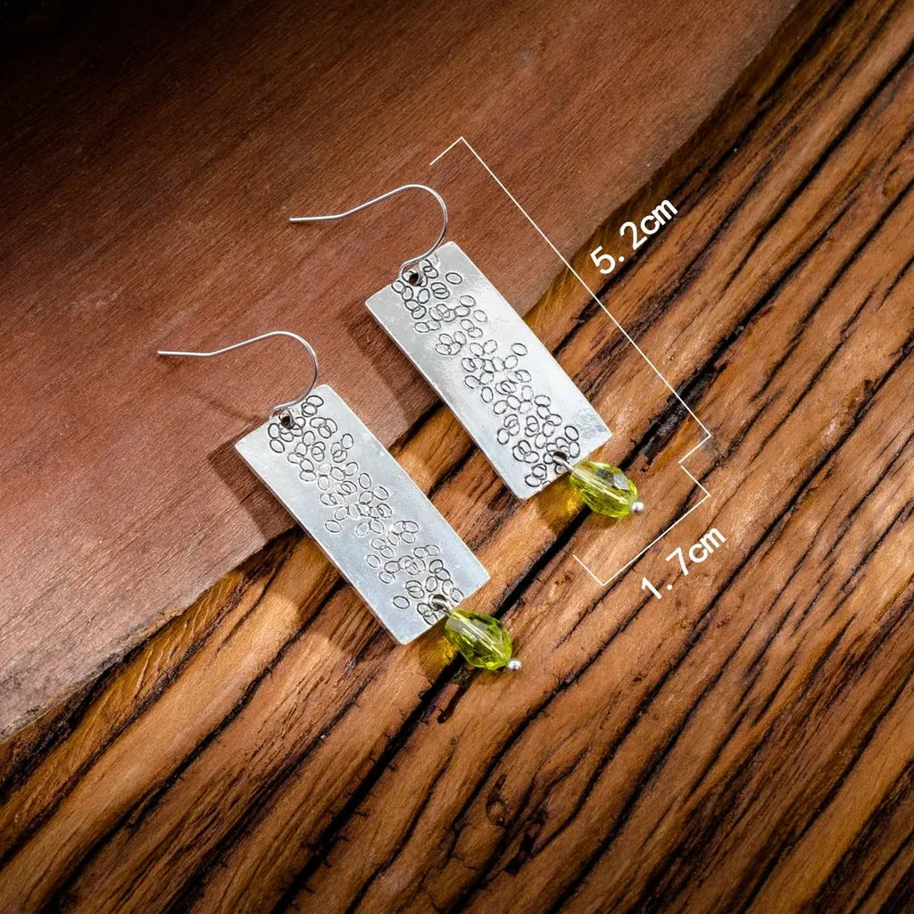 Vintage Silver Leaf Square Drop Earrings Green Crystal Zinc Alloy Jewelry Women