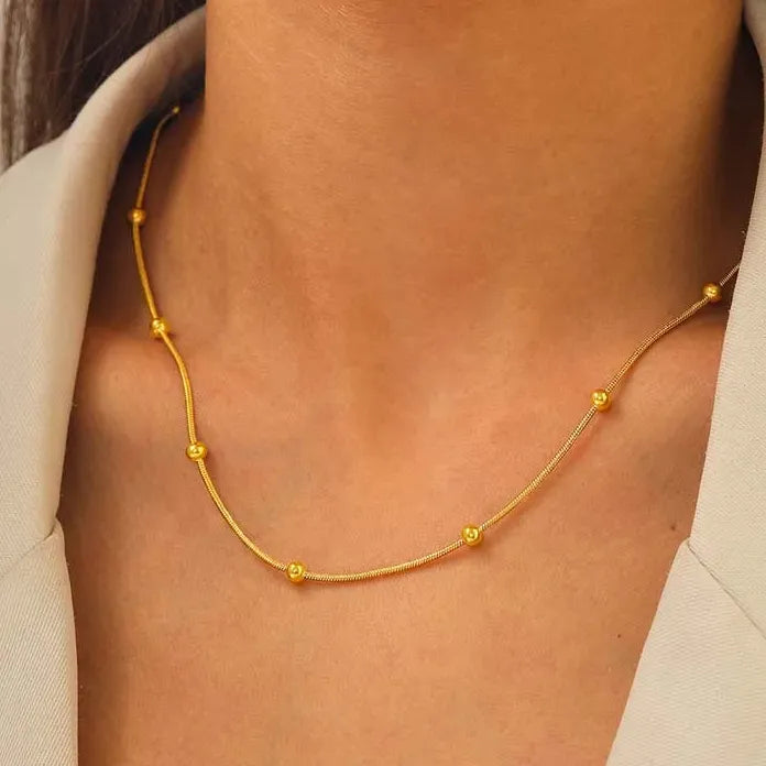 Stainless Steel Round Bead Choker Necklace & Bracelet Set for Women Gold Snake Chain Jewelry