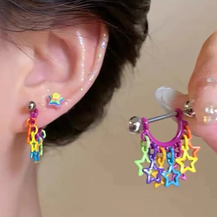 Stainless Steel Colourful Star Tassel Ear Cuff Stud for Women Gift
