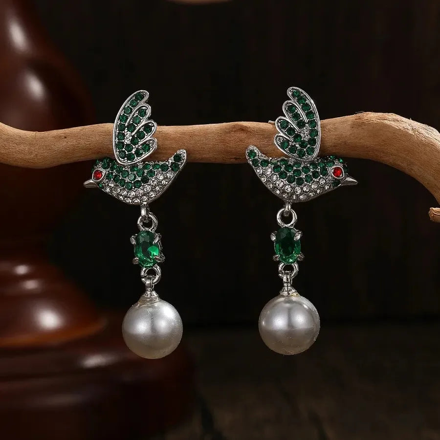 Simulated Pearl Bird Stud Earrings with Crystal Cubic Zirconia for Women Girls