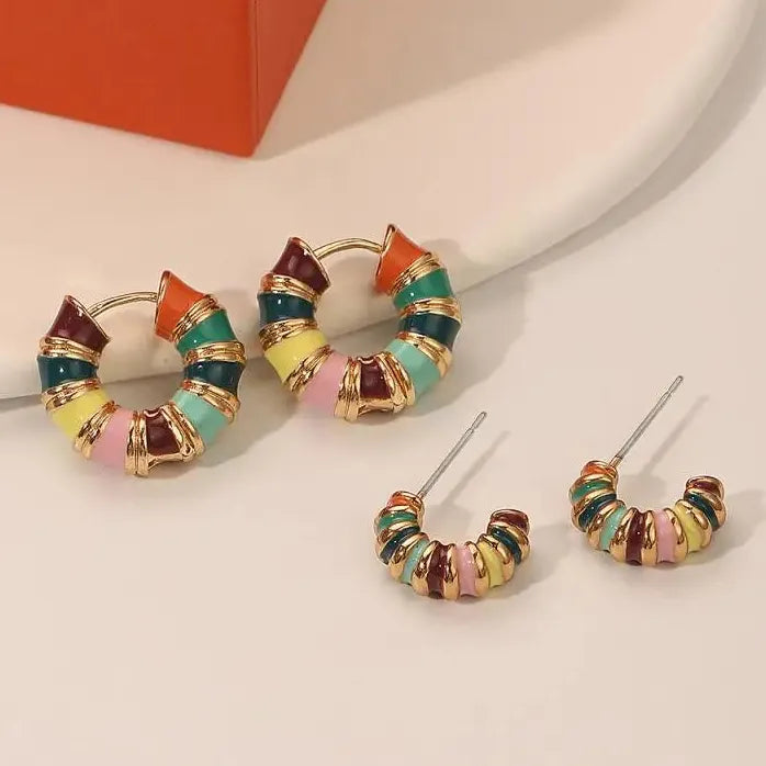 French Retro Enamel Gold Hoop Earrings 2025 Geometric Drop Jewelry Women
