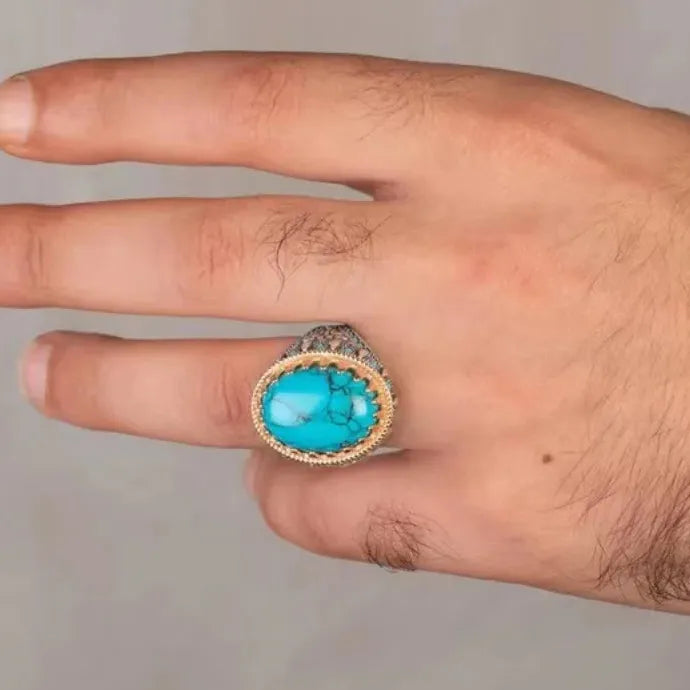Men's Punk Electroplating Two-Color Turquoise Ring Zinc Alloy Resin Retro Style