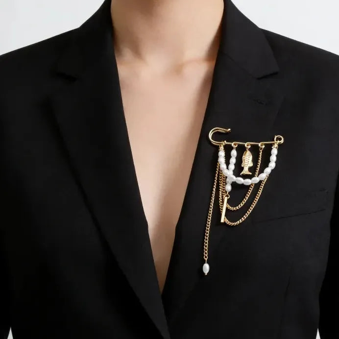 Heart-Shaped Multi-Layer Beaded Tassel Brooch with Imitation Pearls
