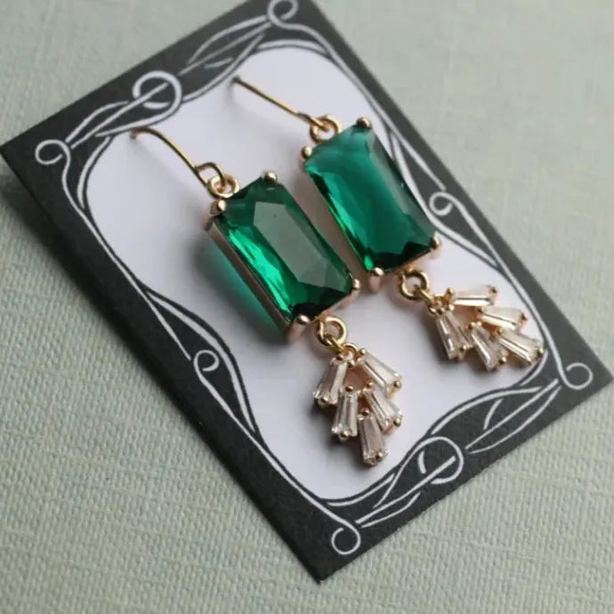 Romantic Green Crystal Drop Earrings for Ladies Girls Geometric Tassel Zircon Jewelry Gift