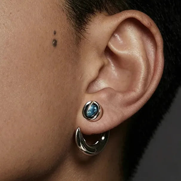 Copper Gothic Blue Gem C-Shaped Punk Earrings Unisex Statement Studs Jewelry