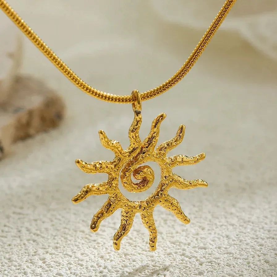 18K Gold Plated Stainless Steel Spiral Sun Pendant Necklace Choker Women Gift