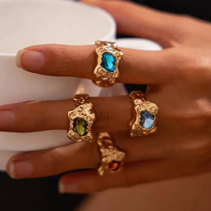 Folded Lava Metal Zircon Adjustable Rings Set Vintage Punk Jewelry Men Women