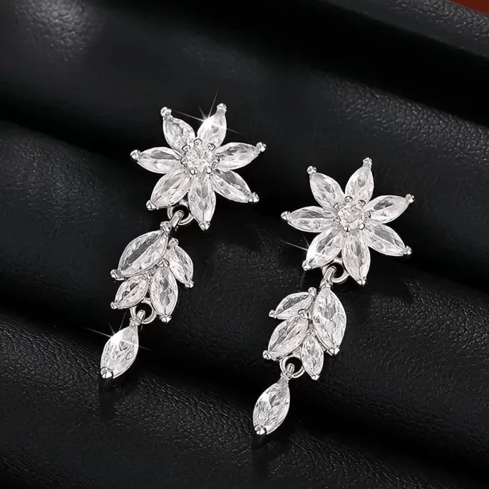 Copper Geometric Flower Drop Earrings with Cubic Zirconia for Wedding Jewelry